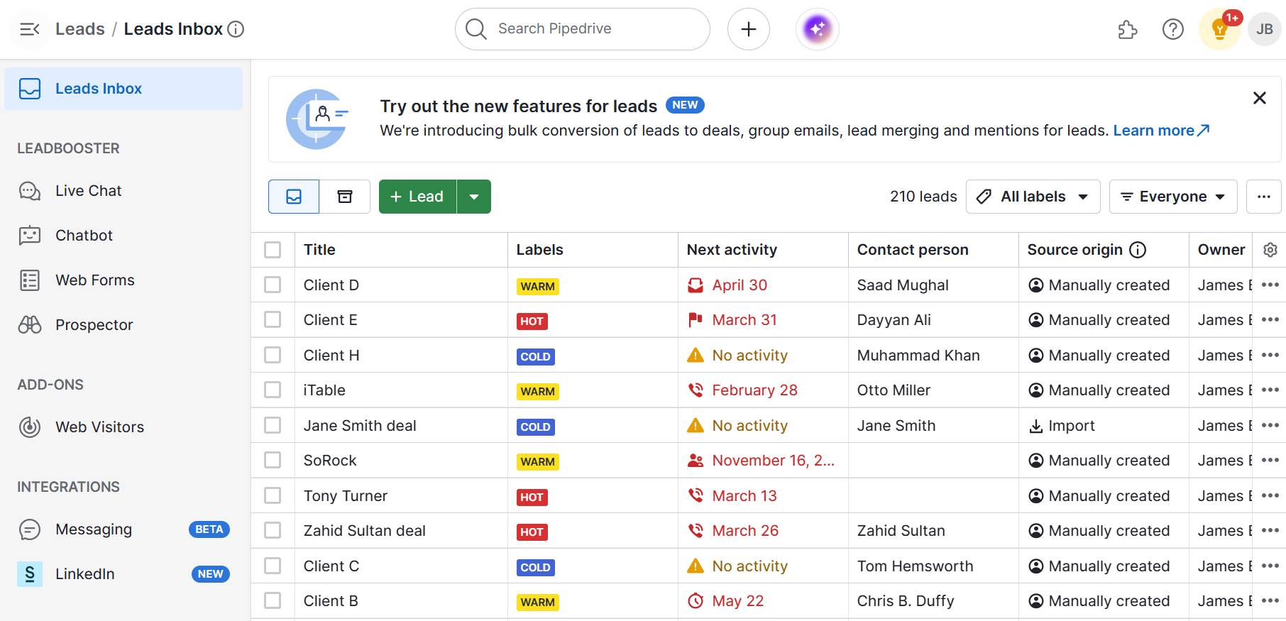 SaaS sales Pipedrive Leads Inbox
